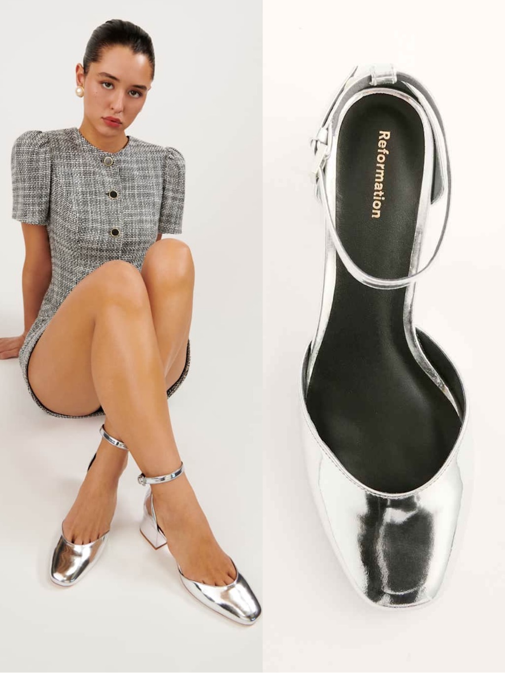 Reformation Silver Mirror Heels Ankle Strap Block Pumps Party Size 7